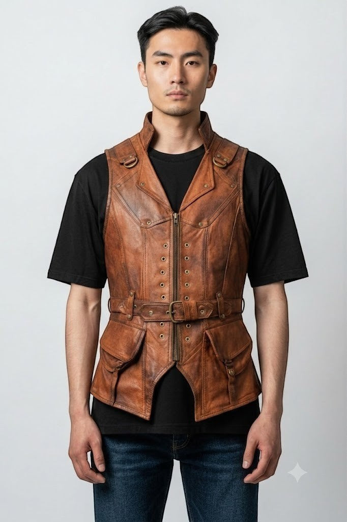Model wearing a Scarlett Stitch vintage-style distressed brown leather utility vest with belt and front pockets.