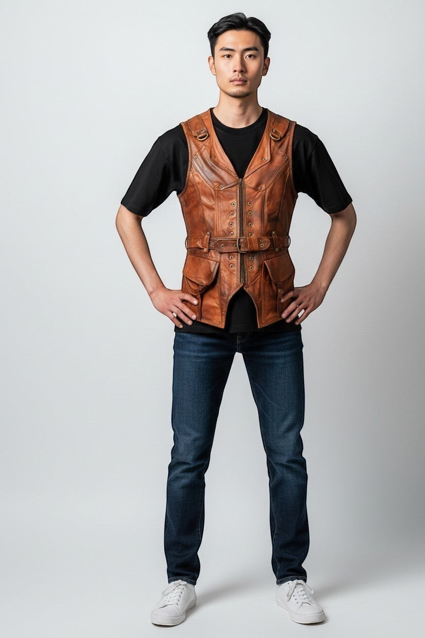 Model wearing a Scarlett Stitch vintage style brown distressed leather utility vest with pockets and waist belt.
