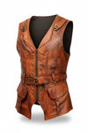 Scarlett Stitch vintage brown distressed leather utility vest with front zipper, adjustable belt, and cargo pockets.