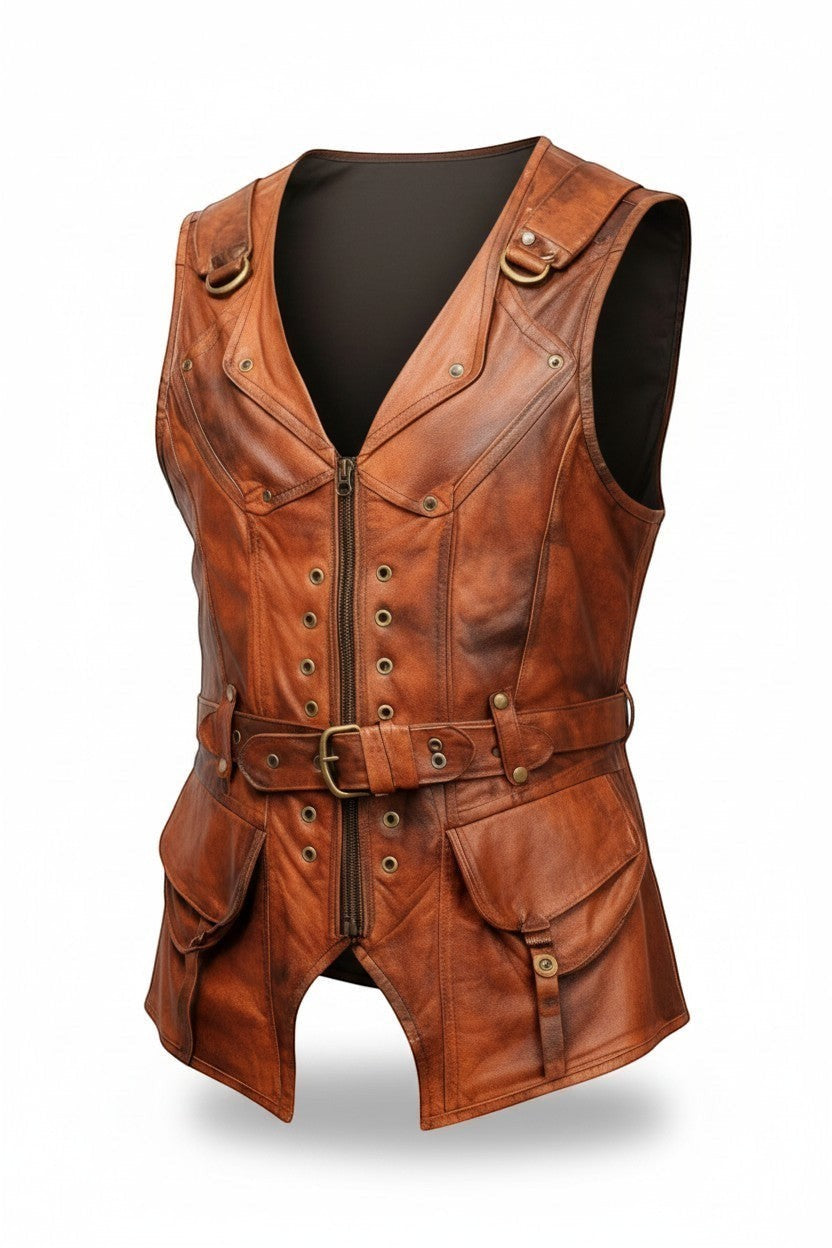 Scarlett Stitch vintage brown distressed leather utility vest with front zipper, adjustable belt, and cargo pockets.