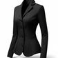 Scarlett Stitch Women's black tailored fit blazer jacket with three-button closure and sharp lapels.