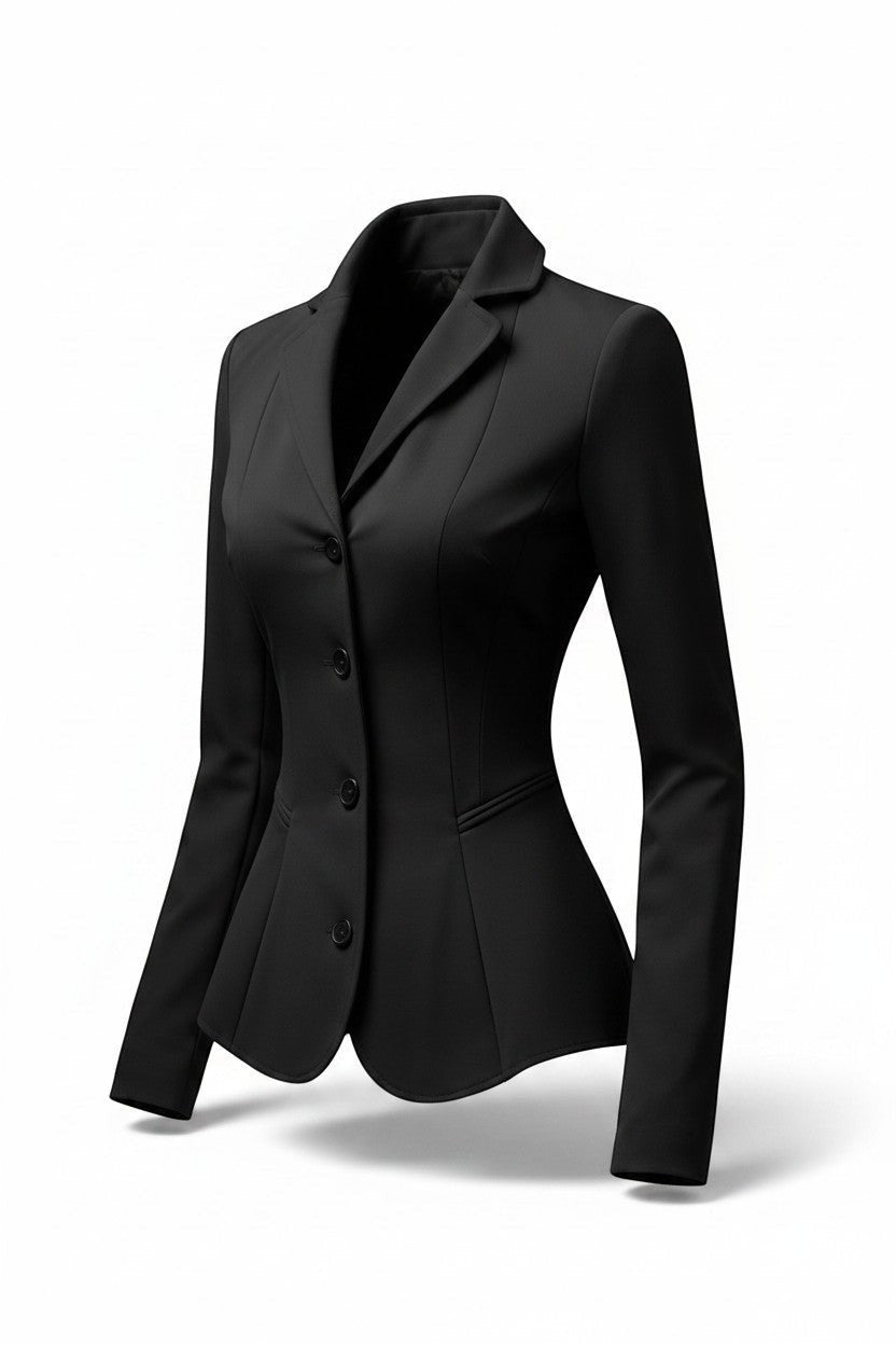 Scarlett Stitch Women's black tailored fit blazer jacket with three-button closure and sharp lapels.