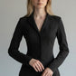 Scarlett Stitch Women's black tailored fit blazer jacket with three-button closure and sharp lapels.