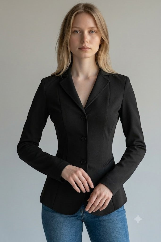 Scarlett Stitch Women's black tailored fit blazer jacket with three-button closure and sharp lapels.