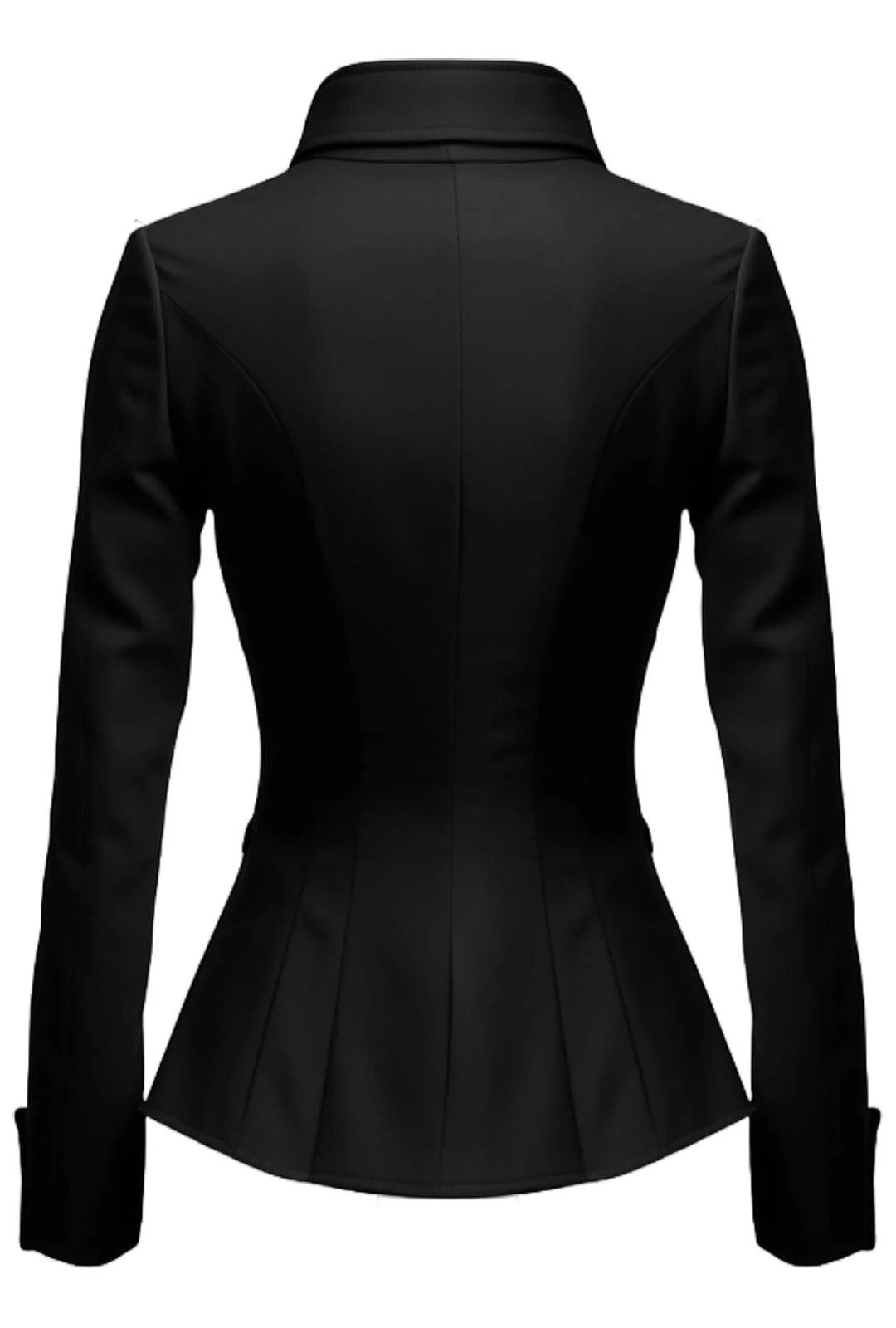 Scarlett Stitch Women's black tailored fit blazer jacket with sharp lapels and three-button closure.