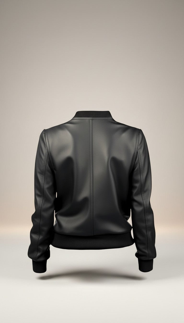 Scarlett Stitch Women's black faux leather bomber jacket with ribbed collar, cuffs, and hem.
