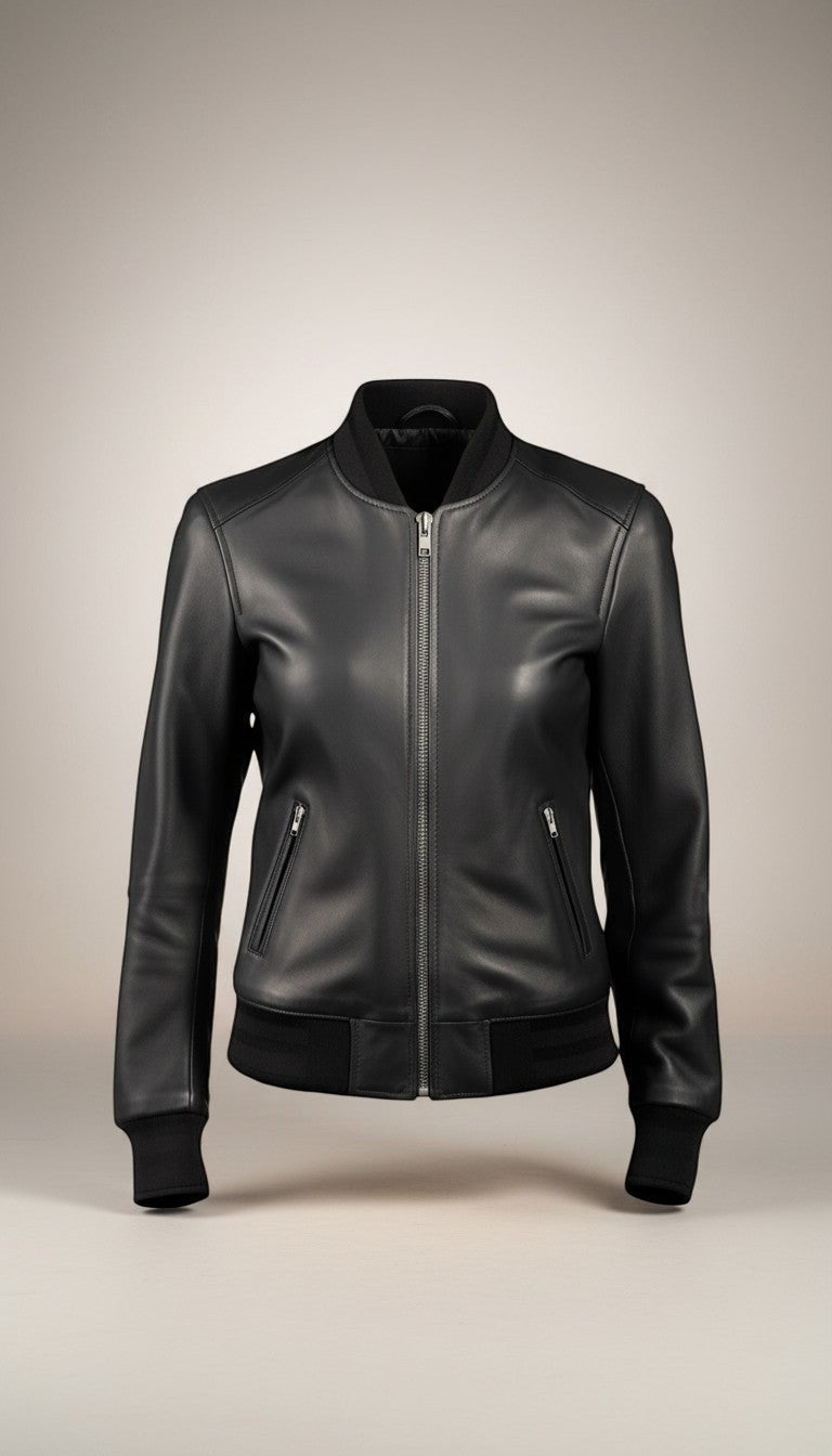 Scarlett Stitch Women's black faux leather bomber jacket with ribbed collar, cuffs, and hem. Features full-zip front and zippered side pockets.