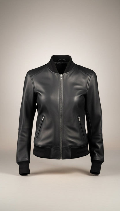 Scarlett Stitch Women's black faux leather bomber jacket with ribbed collar, cuffs, and hem. Features full-zip front and zippered side pockets.