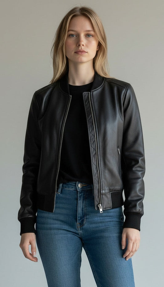 Scarlett Stitch women's black faux leather bomber jacket with ribbed collar, cuffs, and hem. Features full-zip front and zippered pockets.