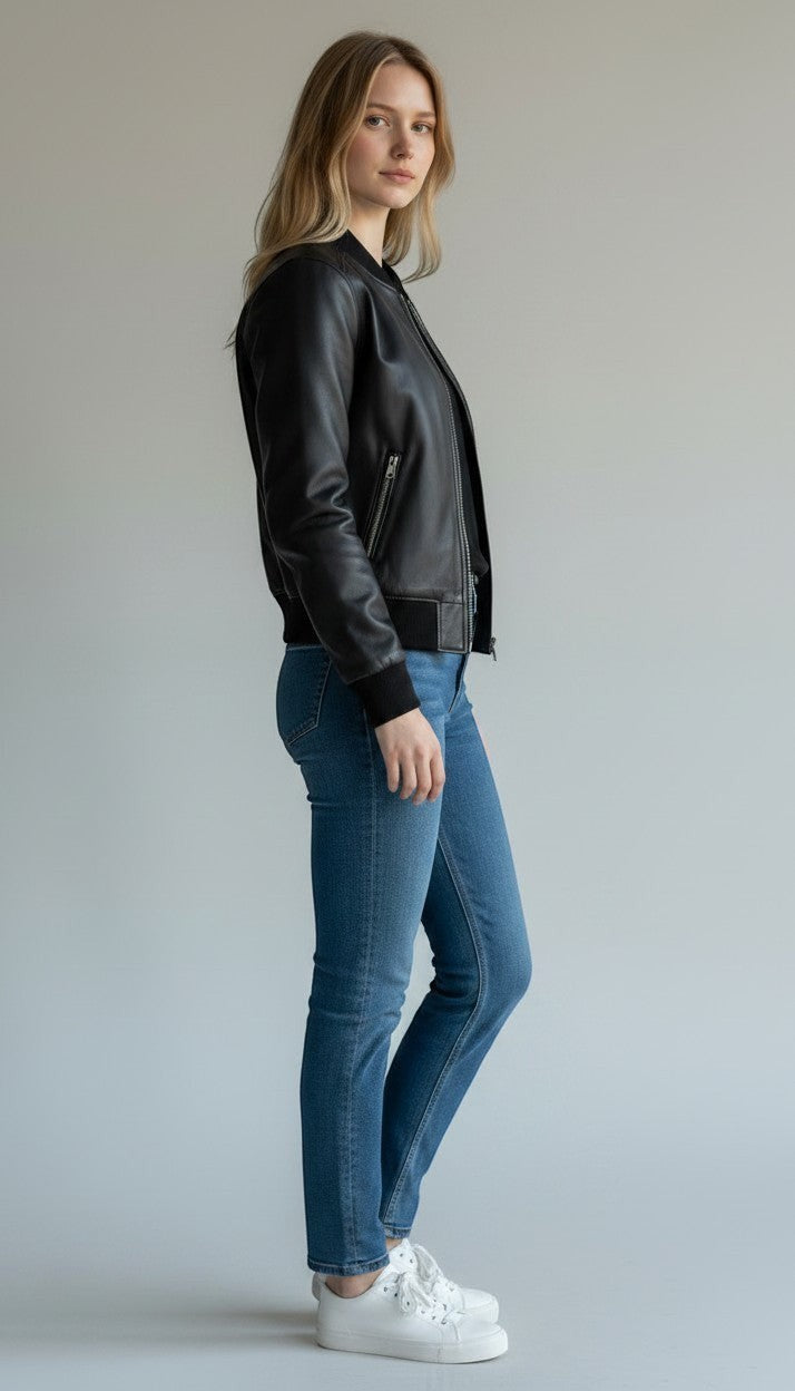Scarlett Stitch Women's black faux leather bomber jacket with ribbed collar, cuffs, and zippered pockets.