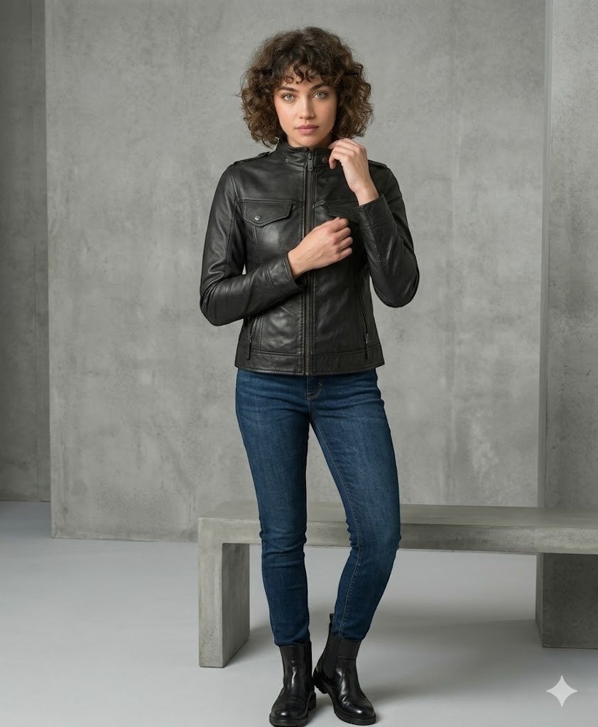 Scarlett Stitch Women's black faux leather moto jacket with zippered pockets and stand-up collar.