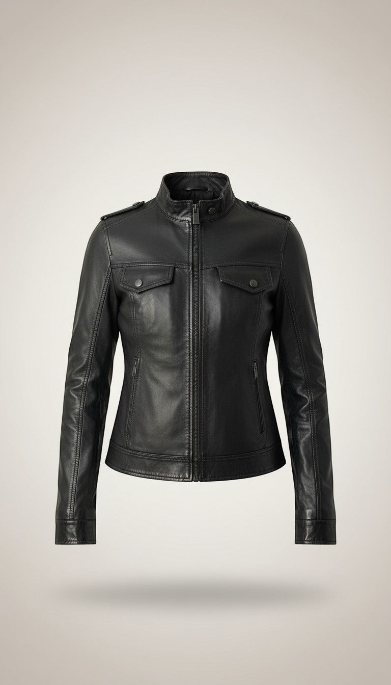 Scarlett Stitch Women's black faux leather moto jacket with stand-up collar, epaulets, zippered pockets, and cuffs.