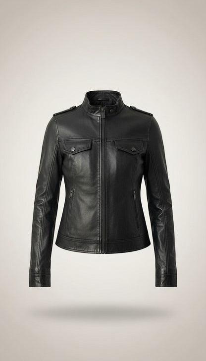 Scarlett Stitch Women's black faux leather moto jacket with stand-up collar, epaulets, zippered pockets, and cuffs.