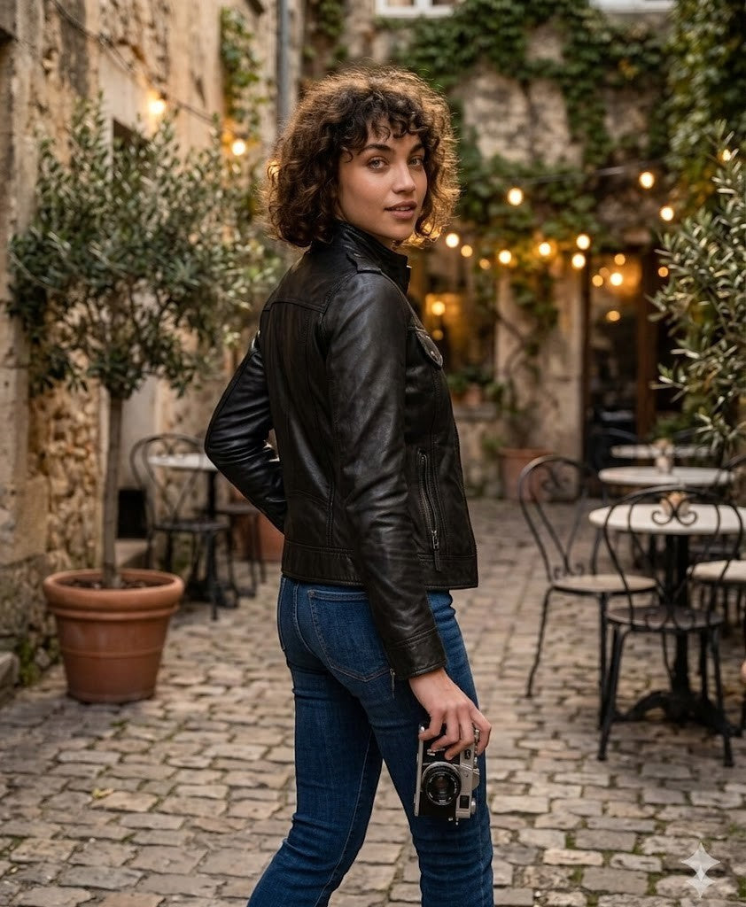 Scarlett Stitch Women's black faux leather moto jacket with zippered pockets and snap collar. Model wears jeans.