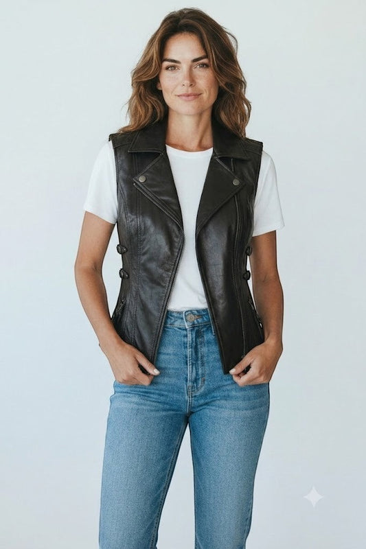 Scarlett Stitch women's black faux leather motorcycle vest with lapel collar, zipper, and buckle straps. Sleeveless, form-fitting.
