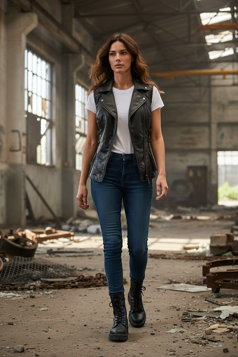 Scarlett Stitch Women's black faux leather motorcycle vest with lapel collar, zipper, and buckle straps. Model wears it over a white t-shirt and blue jeans.