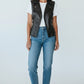 Scarlett Stitch Women's black faux leather motorcycle vest with lapel collar, zipper, and side buckle straps.
