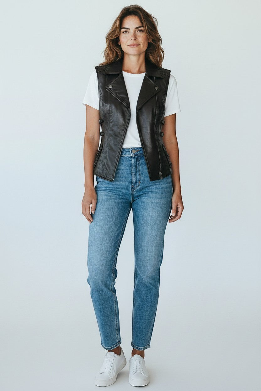 Scarlett Stitch Women's black faux leather motorcycle vest with lapel collar, zipper, and side buckle straps.