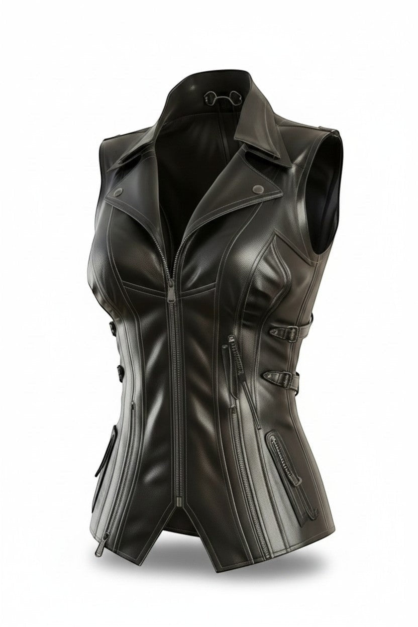 Scarlett Stitch Women's black faux leather motorcycle vest with lapel collar, zipper, and buckle details.