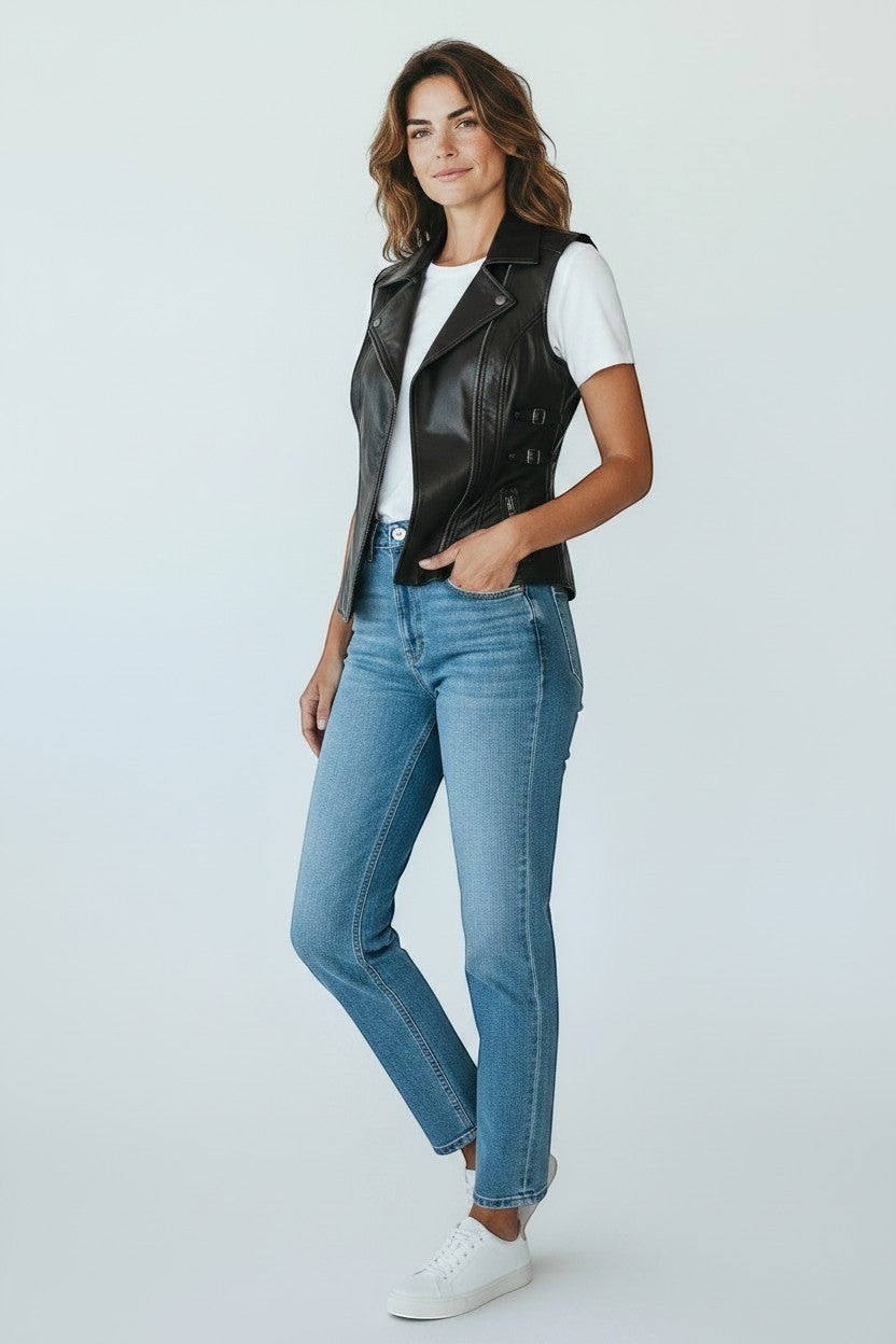 Scarlett Stitch women's black faux leather motorcycle vest with lapel collar, zipper, and buckle straps. Model wears with white t-shirt and jeans.