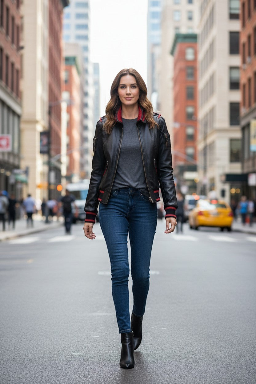 Scarlett Stitch women's black leather bomber jacket with red ribbed accents on collar, cuffs, and hem. Full zip front.
