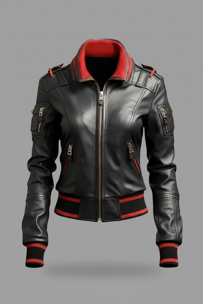 Scarlett Stitch Women's black leather bomber jacket with red ribbed collar, cuffs, and hem. Zip front, zippered pockets.