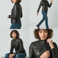 Scarlett Stitch Women's black faux leather moto jacket with zippered pockets and snap-button collar. Fitted silhouette.