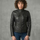 Scarlett Stitch Women's black faux leather moto jacket with zippered pockets and snap-button collar detail.