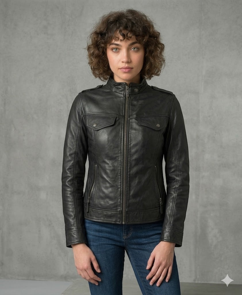 Scarlett Stitch Women's black faux leather moto jacket with zippered pockets and snap-button collar detail.