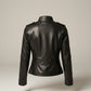Scarlett Stitch women's black faux leather moto jacket with stand-up collar and epaulets.