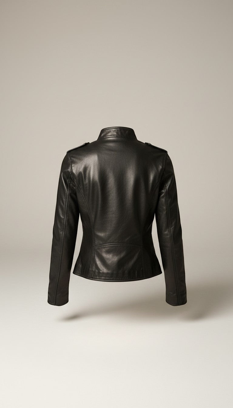 Scarlett Stitch women's black faux leather moto jacket with stand-up collar and epaulets.