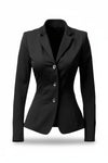 Scarlett Stitch women's black tailored blazer with notched lapel and three-button closure. Professional, sophisticated silhouette.