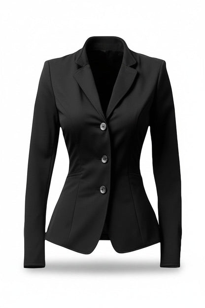 Scarlett Stitch women's black tailored blazer with notched lapel and three-button closure. Professional, sophisticated silhouette.