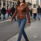 Scarlett Stitch Women's brown leather motorcycle jacket with zippered cuffs and buckle tabs, tailored fit.