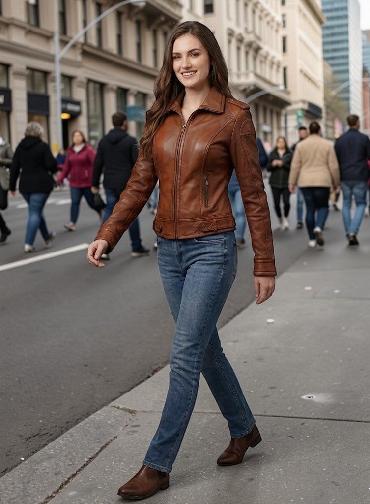 Scarlett Stitch Women's brown leather motorcycle jacket with zippered cuffs and buckle tabs, tailored fit.