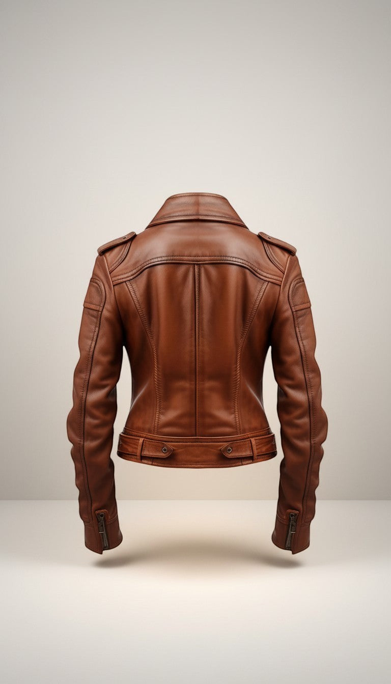 Scarlett Stitch Women's brown leather motorcycle jacket with epaulets and zippered cuffs.
