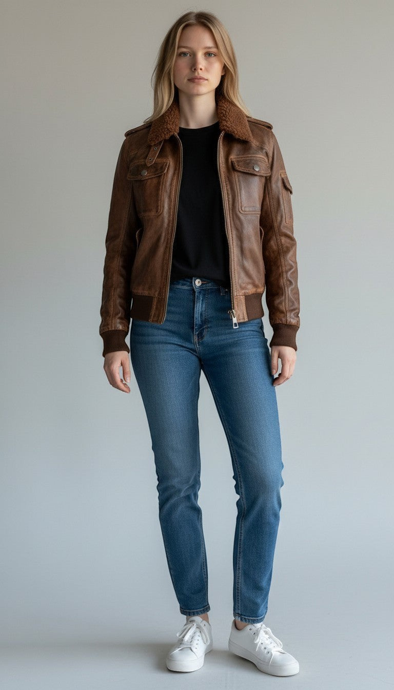 Scarlett Stitch Women's distressed brown leather bomber jacket with sherpa collar and zippered pockets.
