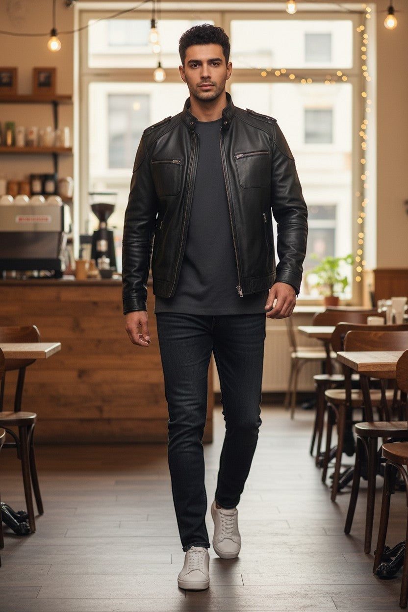 Scarlett Stitch men's black faux leather bomber jacket with stand collar and zippered pockets.