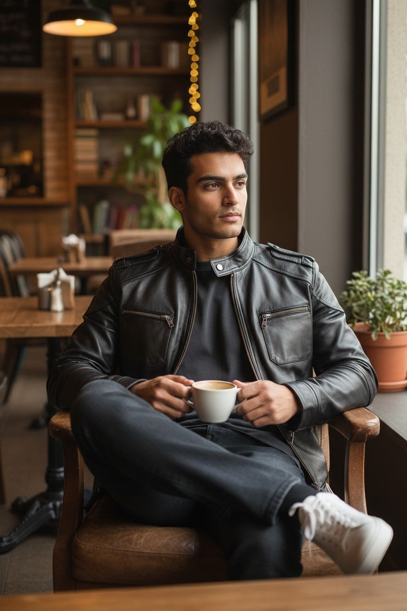 Scarlett Stitch black faux leather bomber jacket with stand collar and zippered pockets, worn by a man sitting in a cafe.