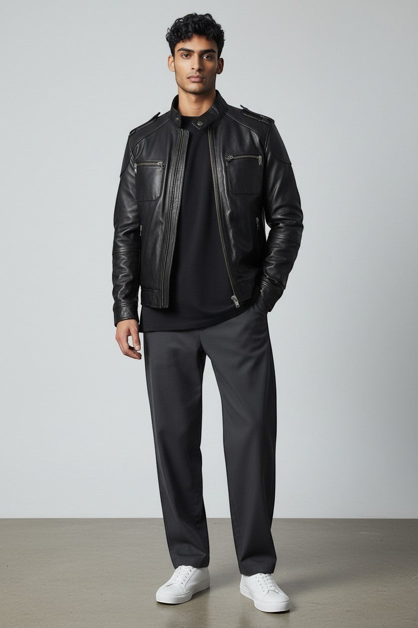 Scarlett Stitch black faux leather bomber jacket for men with stand collar and zippered pockets. Model wears it with a black t-shirt and grey trousers.