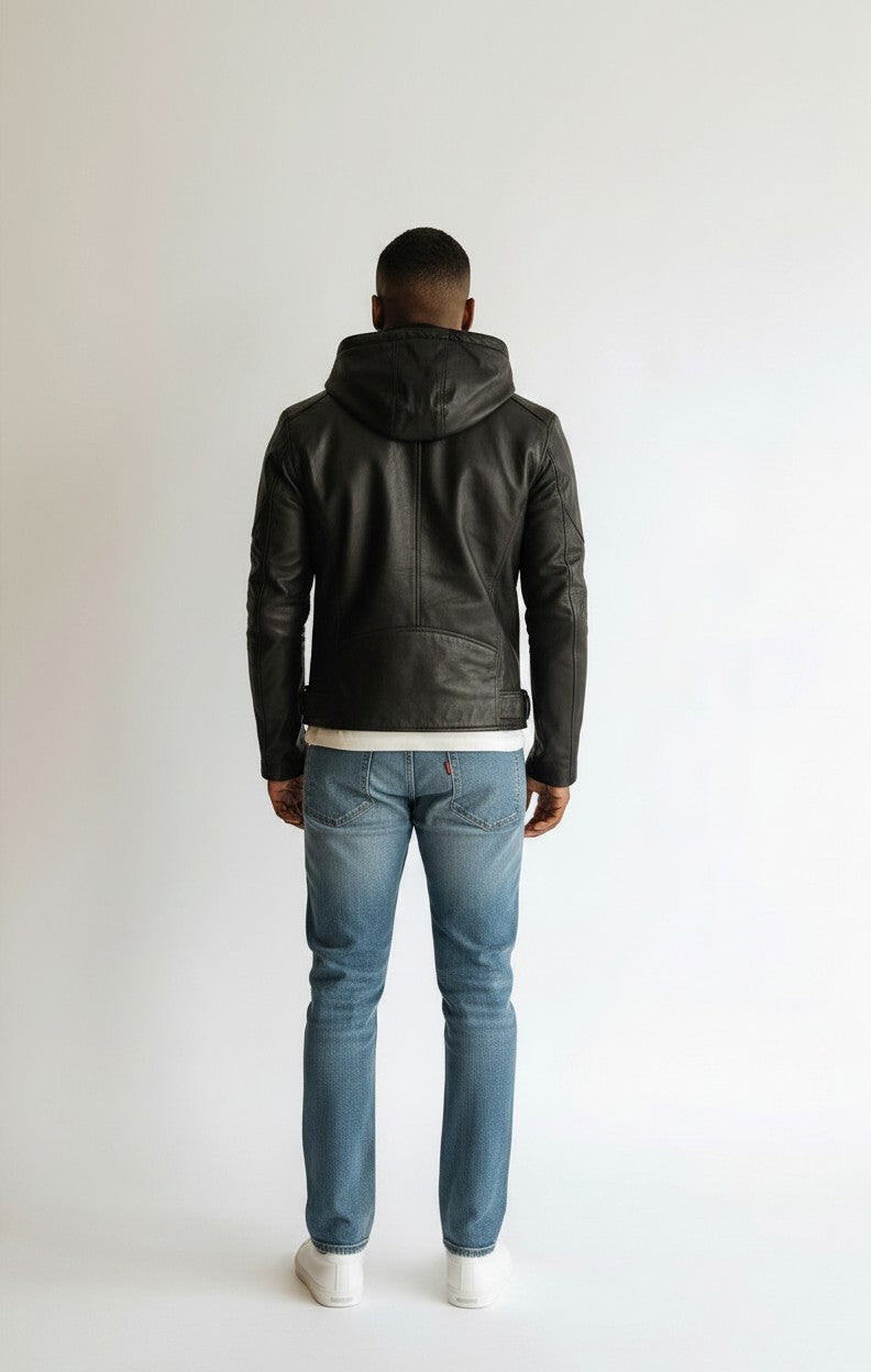 Scarlett Stitch men's black hooded leather jacket with zipper closure and zippered cuffs, worn with blue jeans.