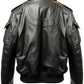 Scarlett Stitch black leather bomber jacket for men with faux fur collar, ribbed cuffs, and zippered sleeve pockets.