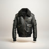 Scarlett Stitch black leather bomber jacket with faux fur collar, ribbed cuffs, and multiple pockets. Men's outerwear.