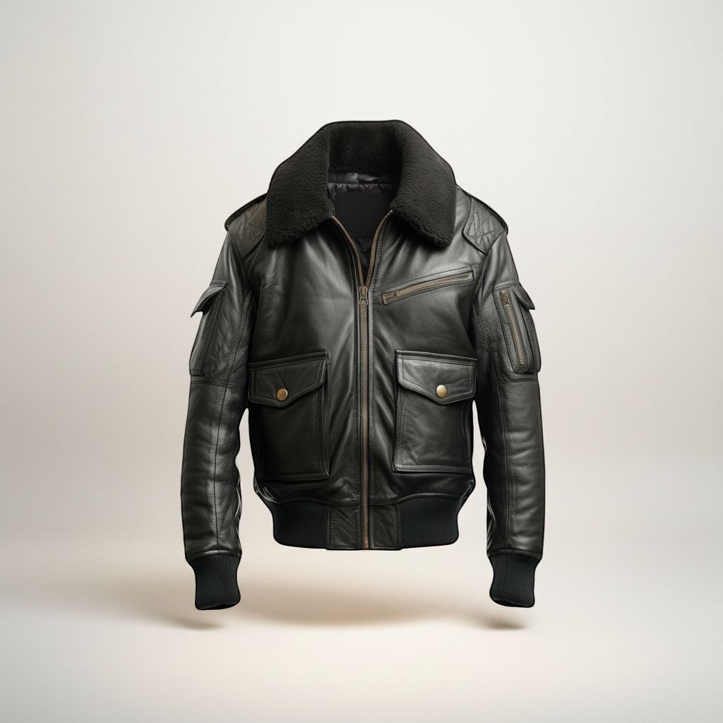 Scarlett Stitch black leather bomber jacket with faux fur collar, ribbed cuffs, and multiple pockets. Men's outerwear.