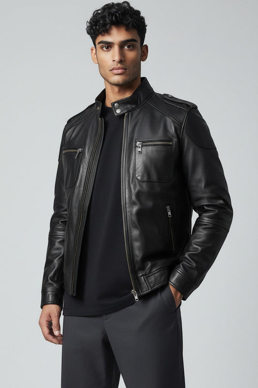 Scarlett Stitch men's black faux leather bomber jacket with stand collar, zippered pockets, and shoulder details.
