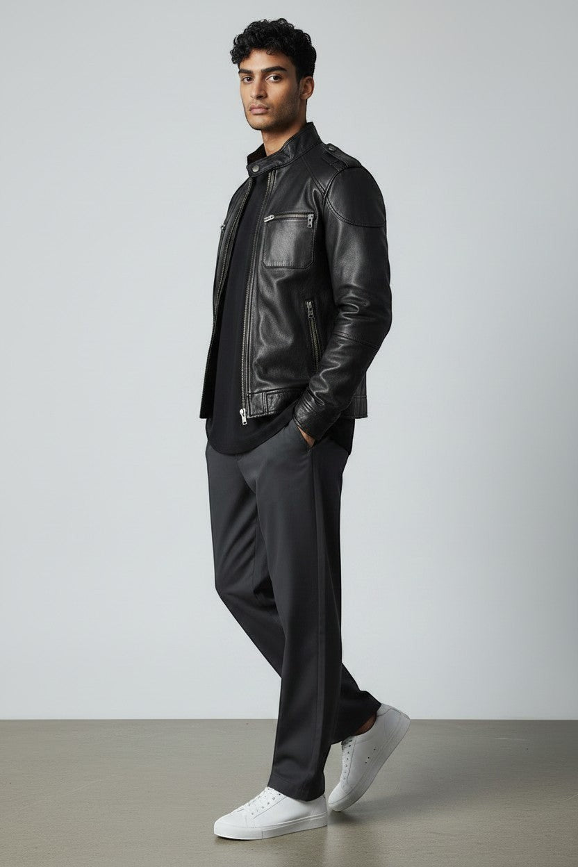 Scarlett Stitch black faux leather bomber jacket for men with stand collar, zippered pockets, and smooth lining.