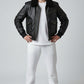Scarlett Stitch men's black leather bomber jacket with faux fur collar, ribbed cuffs, and multiple pockets.
