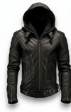 Scarlett Stitch black leather motorcycle jacket with hood and zippered pockets.
