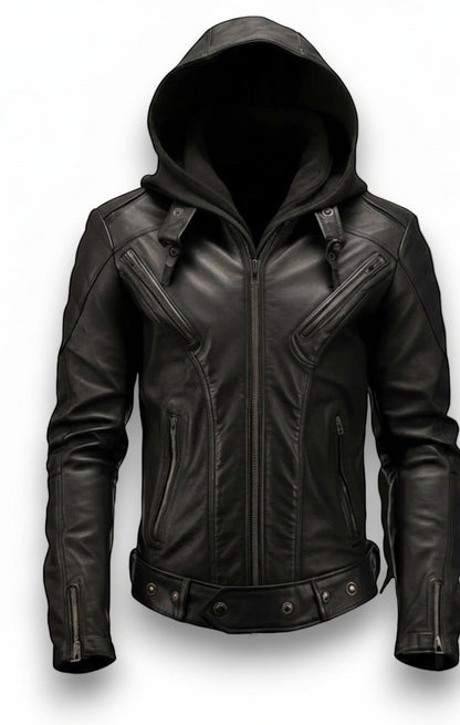 Scarlett Stitch black leather motorcycle jacket with hood and zippered pockets.