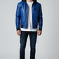 Scarlett Stitch men's blue faux leather hooded bomber jacket with quilted shoulder details and zip-front closure.
